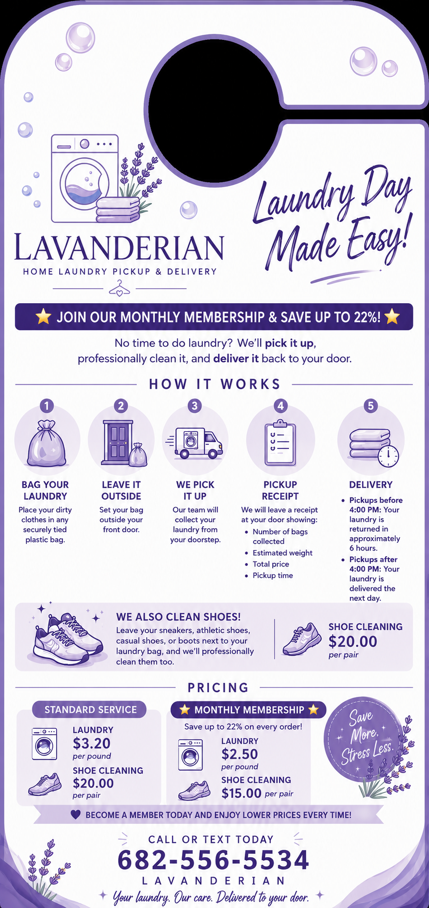 Lavanderian service flyer showing pickup steps and pricing